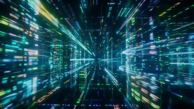 Cyber digital data stream tunnel moving through binary code cyberspace in this fast motion animation footage