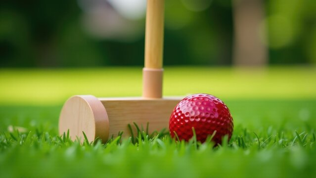 A bright red golf ball placed beside a wooden croquet mallet, ready for a game