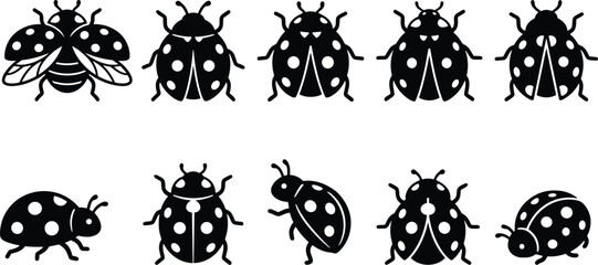 Set of black ladybug icons, ladybird beetle silhouettes, garden insect nature elements, isolated vector illustration, flat design. © Jarin