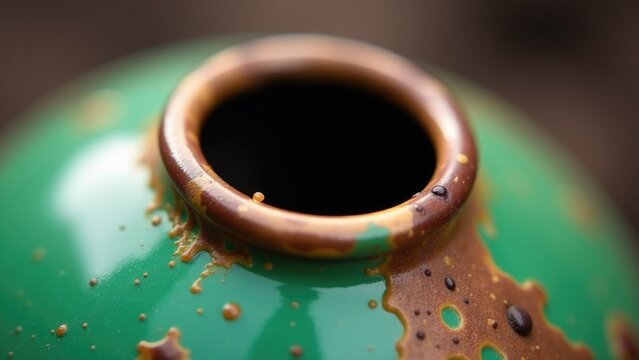 A close-up shot of a worn-out green vase with rust forming on its surface