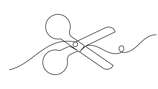 Scissors icon continuous one line drawing on white background minimalist stationary business equipment symbol 4k animation video