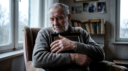 Fototapeta premium Elderly man sitting in chair holding framed photo with a sad expression on his face