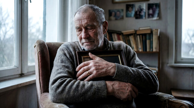 Elderly man sitting in chair holding framed photo with a sad expression on his face