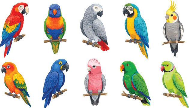 Colorful tropical parrots set, vector illustration of exotic cartoon birds perched on tree branches