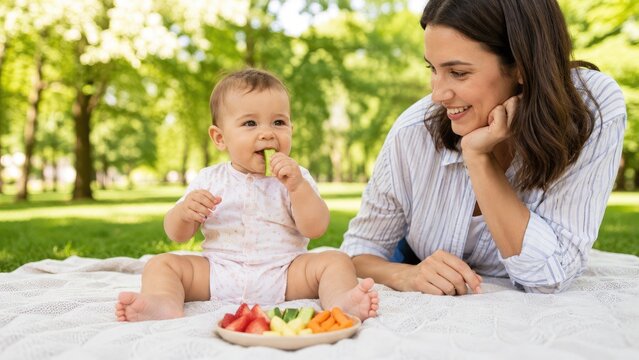 Mother and baby enjoying a picnic in a sunlit park, baby eating healthy fruit and vegetable snacks on a blanket while smiling mother watches