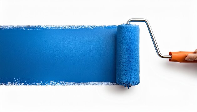 paint roller applying blue paint isolated on white or white background