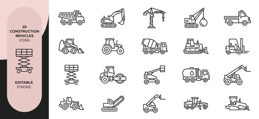 Construction Vehicle Line Icons Set Editable Stroke Outline Vector © Vectrix