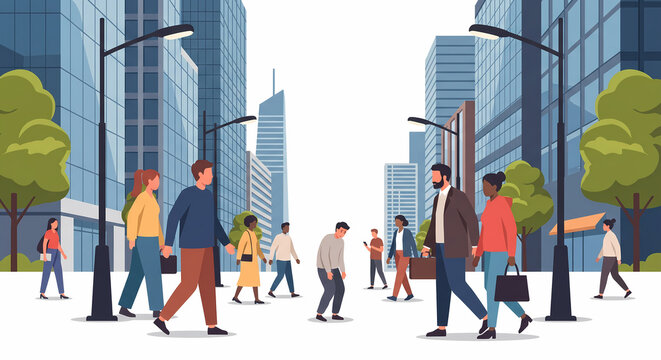 Vector illustration of a busy city street featuring a noticeably smaller, hunched man in the center of a crowd, representing social anxiety, feeling overwhelmed, and urban isolation.