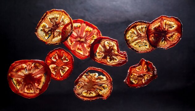 dehydrated tomato slices levitating against a dark backdrop creating a visually appealing pattern