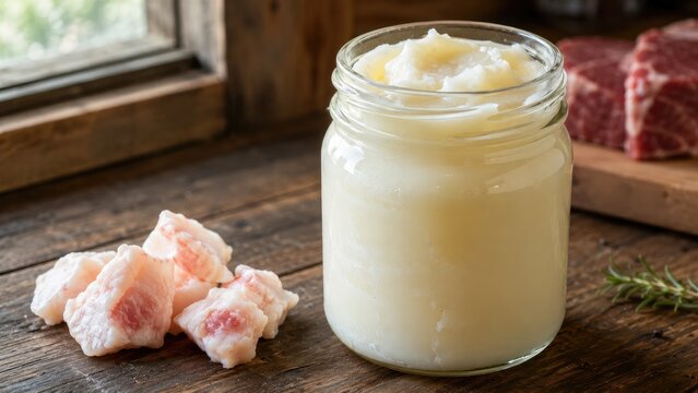 Jar of creamy rendered beef tallow with chunks of suet and raw steak on a rustic wooden table