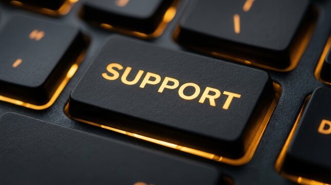 Close-up of an illuminated support button on a computer keyboard symbolizing customer service and assistance.