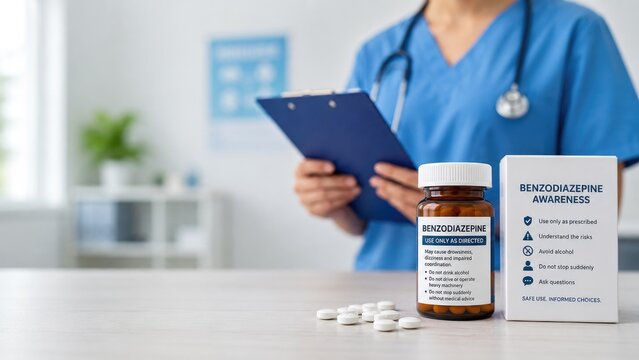 Prescription benzodiazepine bottle, pills and awareness box on a table with a nurse in blue scrubs holding a clipboard in a clinical setting