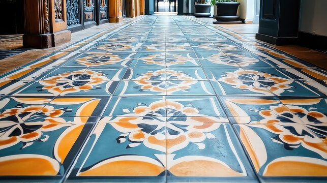 Patterned tile floor detail with vintage design symmetry and clean framing ideal for interior design or editorial visuals