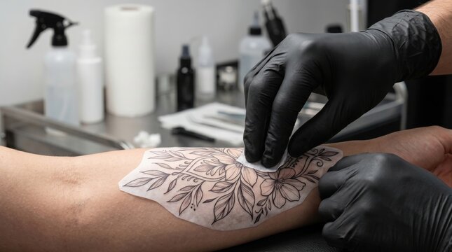 Tattoo artist applying floral tattoo stencil on client arm in professional studio. Body art preparation process, tattoo design transfer, ink session