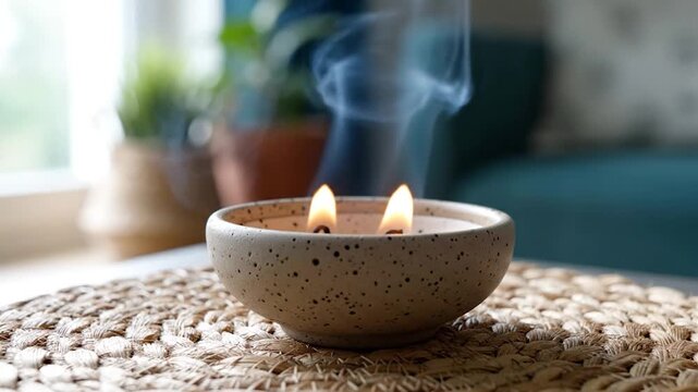 Lit two wick scented candle in a speckled ceramic bowl on a woven mat at home