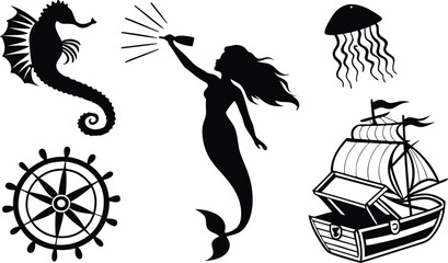 Nautical ocean silhouette elements set with mermaid seahorse pirate ship steering wheel and jellyfish black vector design icons collectionNautical ocean silhouette elements set with mermaid seahorse p © Snowar