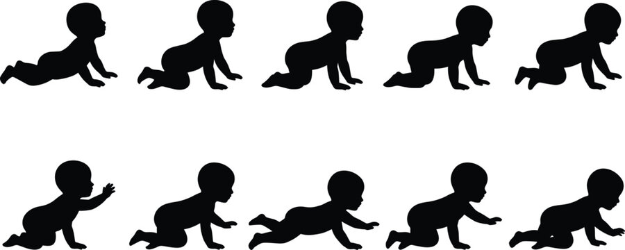 Crawling baby silhouettes vector set, infant development sequence shadows, newborn milestone collection