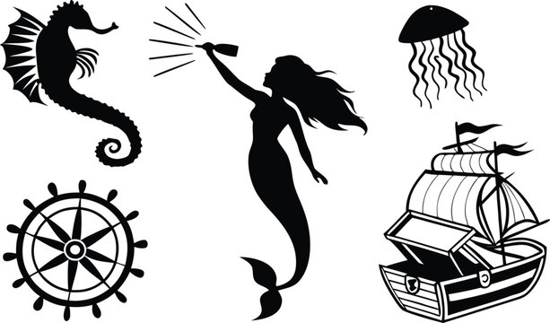 Nautical ocean silhouette elements set with mermaid seahorse pirate ship steering wheel and jellyfish black vector design icons collectionNautical ocean silhouette elements set with mermaid seahorse p