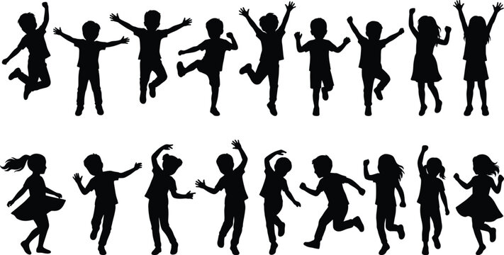 Happy jumping kids silhouettes vector set, dancing children shadows, active childhood collection