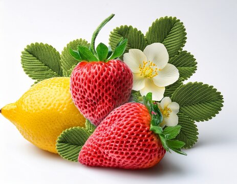 machine stitched style strawberry lemon flowers and cloth hand knit style isolated on a white background