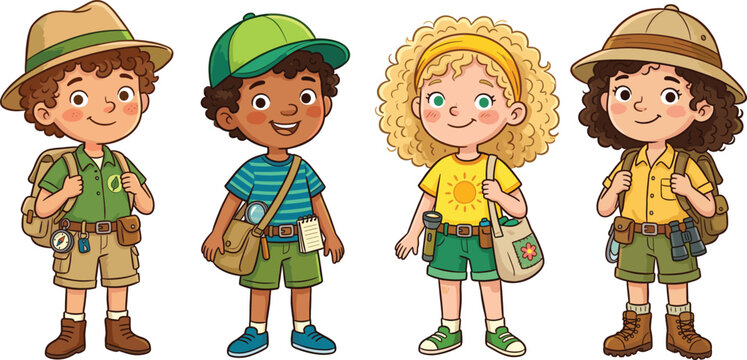 Cute kids explorers and scouts vector set, cartoon children with camping adventure gear