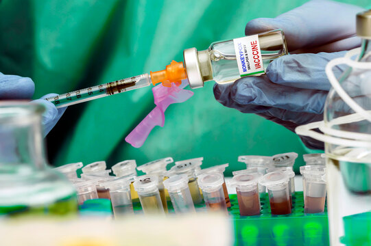 A vial of monkeypox vaccine in a laboratory, a conceptual image created in a studio
