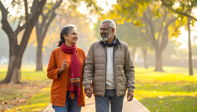 Elderly couple walking hand-in-hand on a park path during autumn, enjoying a sunny afternoon stroll, conveying companionship and happy retirement