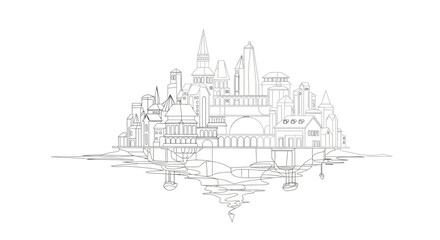Fototapeta premium Minimalist Line Art Vector Illustration of a Floating Futuristic Underground Cityscape on a Clean White Background