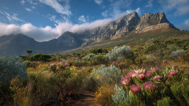 Fynbos flowers in foreground with Table Mountain under blue sky