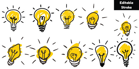 Hand Drawn Yellow Marker Light Bulb Sketch Doodle Vector Set - Editable Stroke. © Emran Graphics