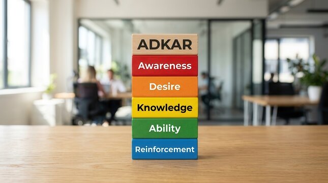 ADKAR model wooden blocks representing awareness, desire, knowledge, ability, and reinforcement stages of change management.