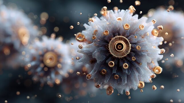 Close-up Organic Mechanical Fusion of Metallic and Floral Elements in Dark Water