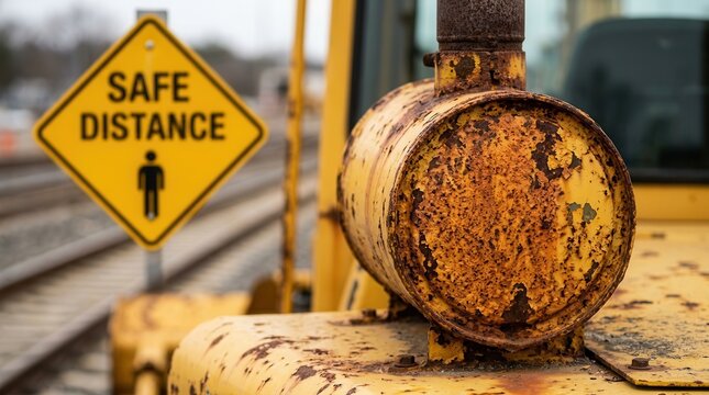 Close up of a yellow construction machine with a corroded exhaust and safety distance sign.