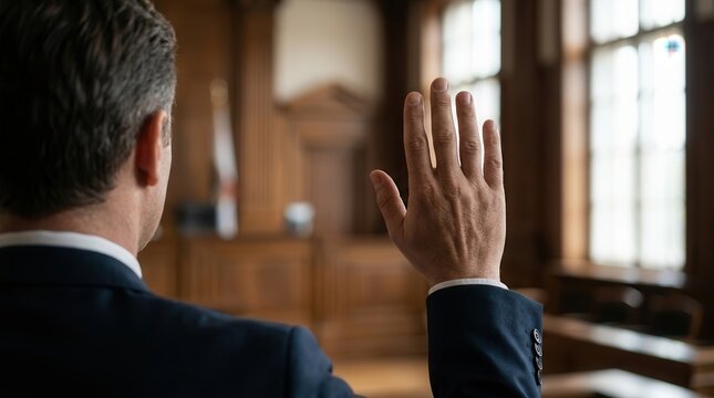 A man raising his hand in a courtroom during a legal proceeding to give testimony.