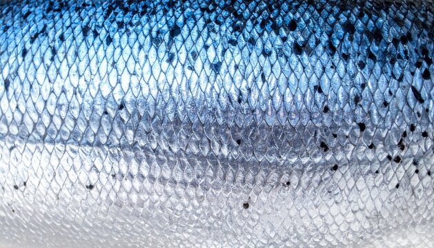 Macro close-up of fresh salmon fish scales showing detailed silver and blue iridescent texture pattern