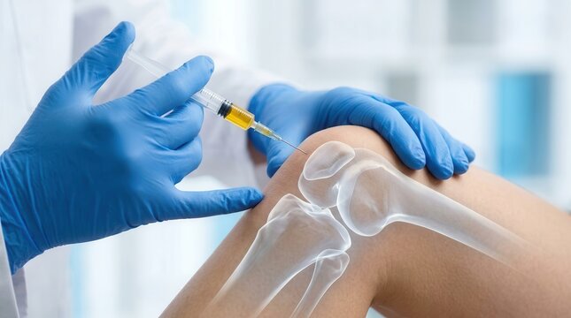 Clinician performing a knee joint injection for non-surgical orthopedics treatment of osteoarthritis.