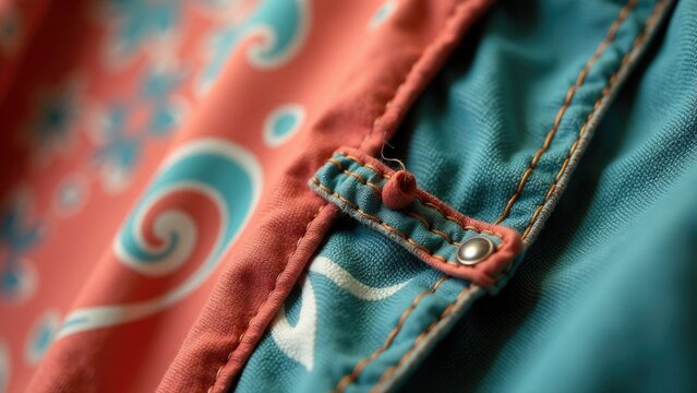 A close-up shot of a blue and red striped jacket with buttons and zipper details