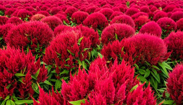 Dense field of vibrant red celosia flowers, with textured petals, extending to a soft, hazy distance