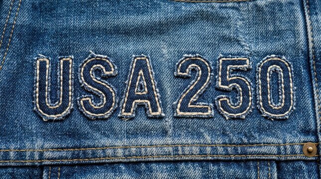 Closeup of denim fabric with usa 250 embroidered patch
