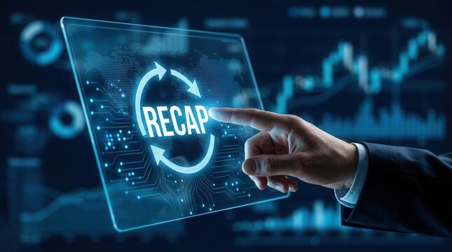 Businessman touching RECAP text on a smart screen for business and economic report concept.