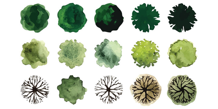 Set of different tree top view icons for landscape architecture and garden design plans isolated on white background