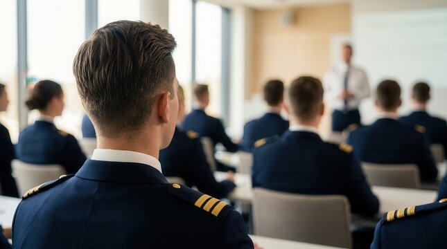 Uniformed trainees listening to an instructor during a structured training session in a classroom.