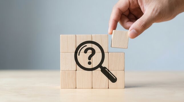 Wooden cubes with a magnifying glass illustration to analyze a question mark for root cause analysis.