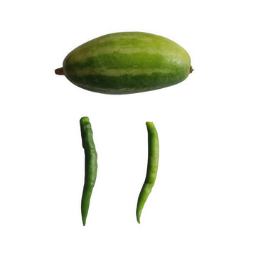 Fresh green pointed gourd with two green chilies isolated on transparent background