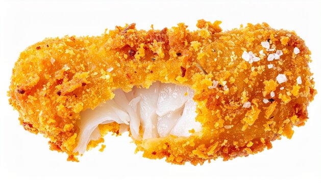 Crispy fried breaded fish stick with a bite taken out, showing white flaky fish inside, isolated on white background