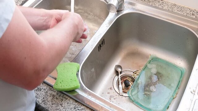 Time lapse of washing dirty dishes in a kitchen sink showing fast cleaning process household chores daily routine and efficient home maintenance activity