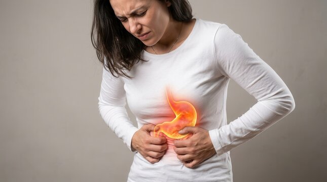 A woman holds her stomach due to a painful ache and indigestion.