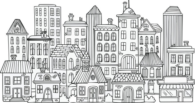 Sketch of a European city with a castle and old buildings