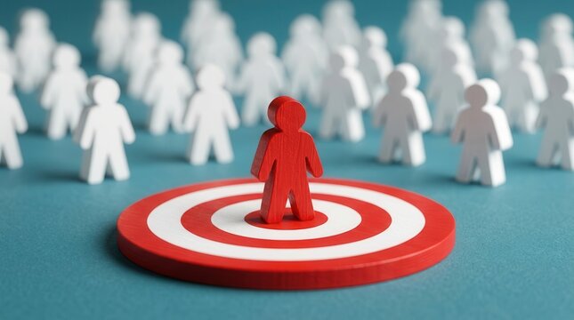 Red figure standing on a target bullseye amidst a crowd of white figures representing niche personal branding and market differentiation.