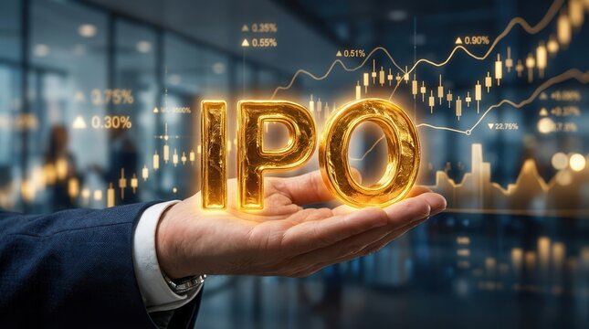 A person's hand holding a glistening golden IPO symbol with a stock chart background.